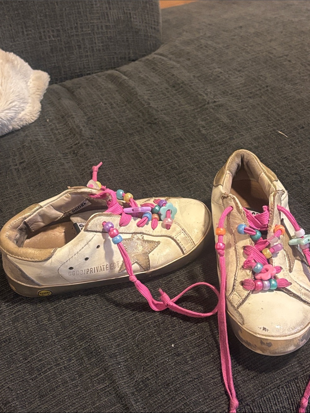 Golden Goose Kids White Leather Sneakers with Pink Beaded Laces